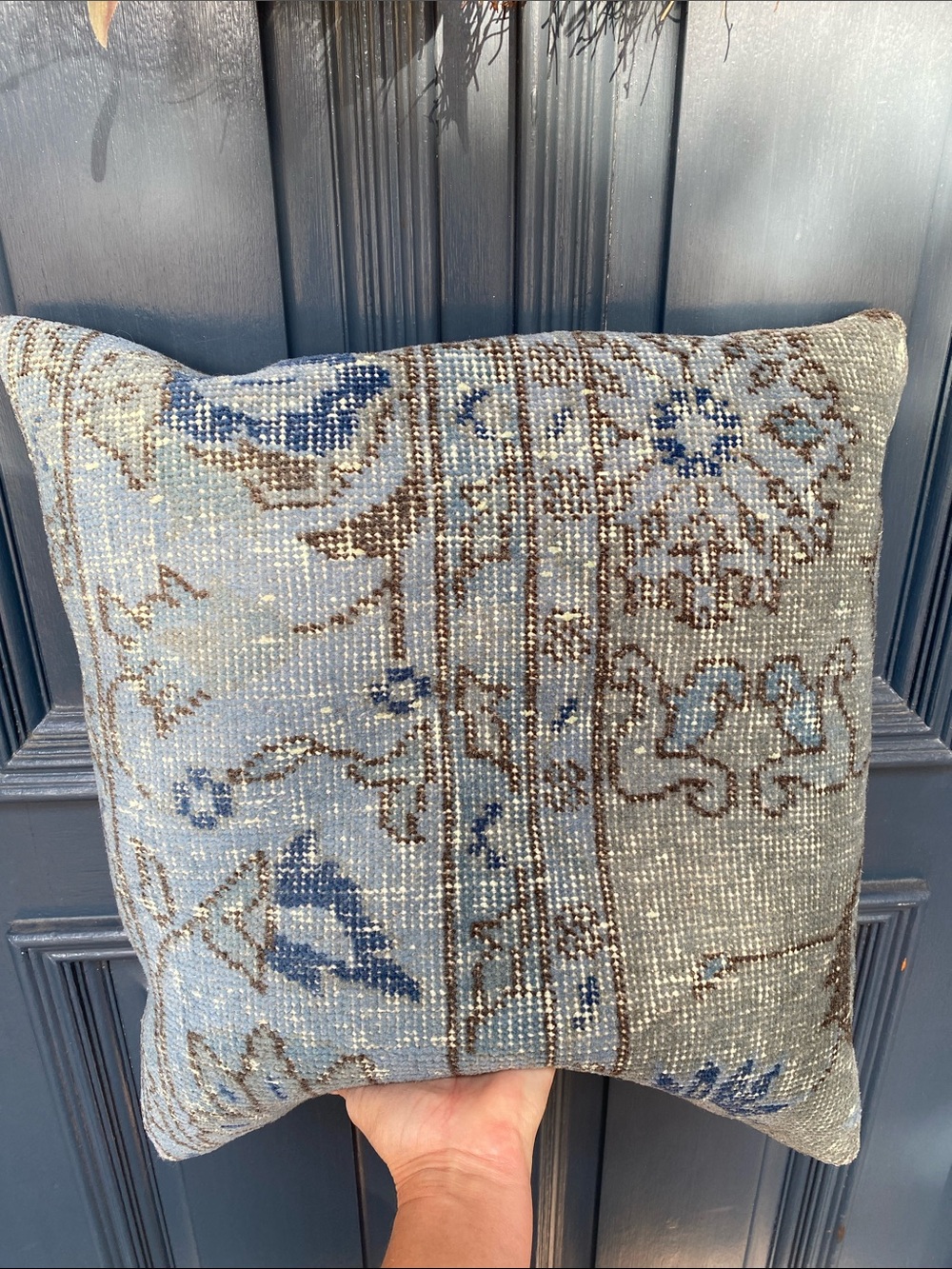 Blue Kilim Turkish Rug Patterned Throw Pillow with down insert 20” x 20”